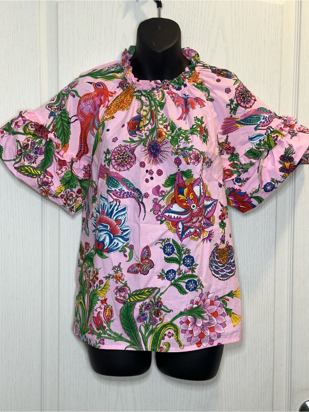 Banjanan Pink Floral & Bird Puff-Sleeve Top sz S | boho tropical coastal